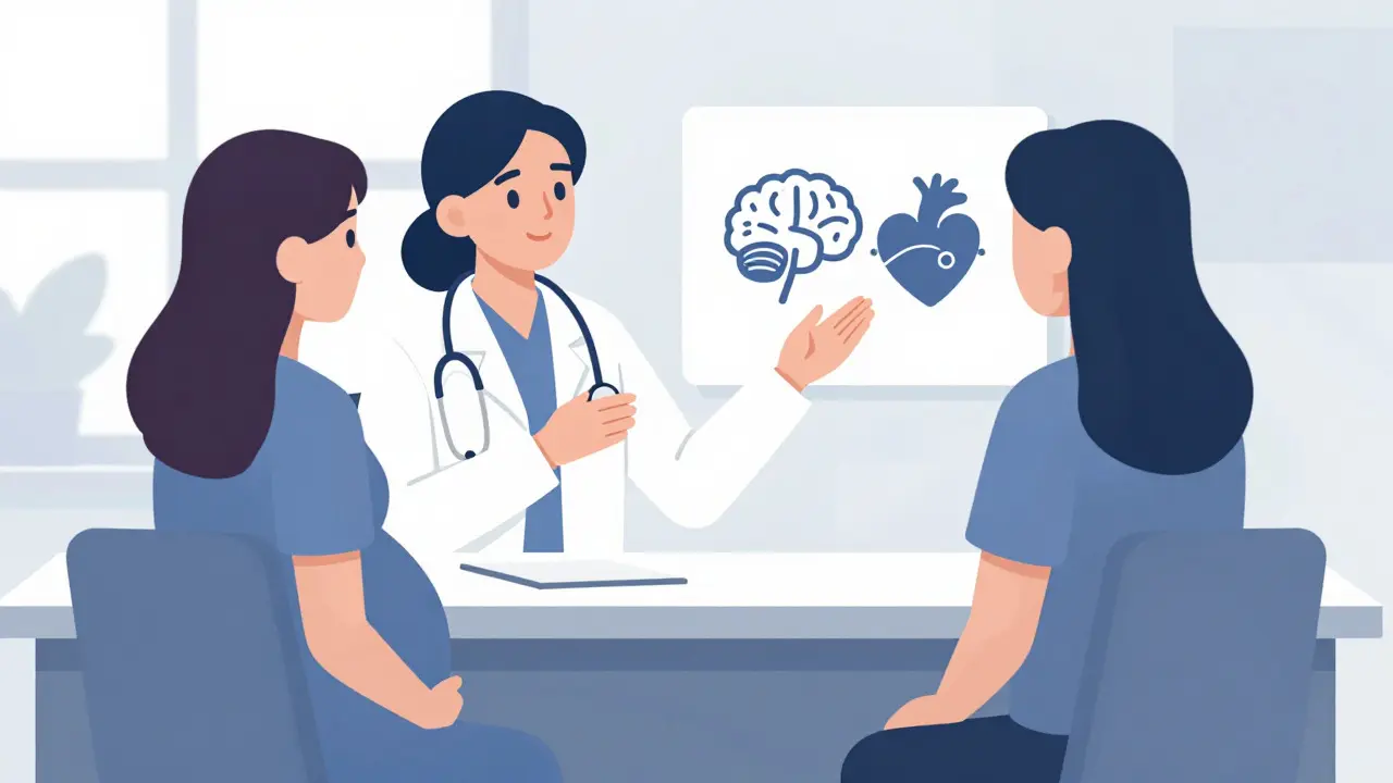 Doctor consulting with pregnant patient about mental health options
