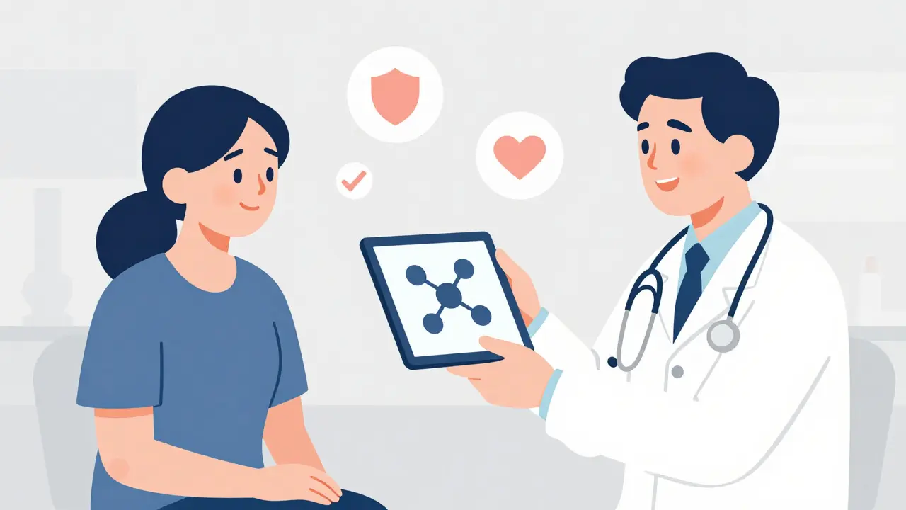 Doctor explaining medication safety to a relieved patient using visual aids