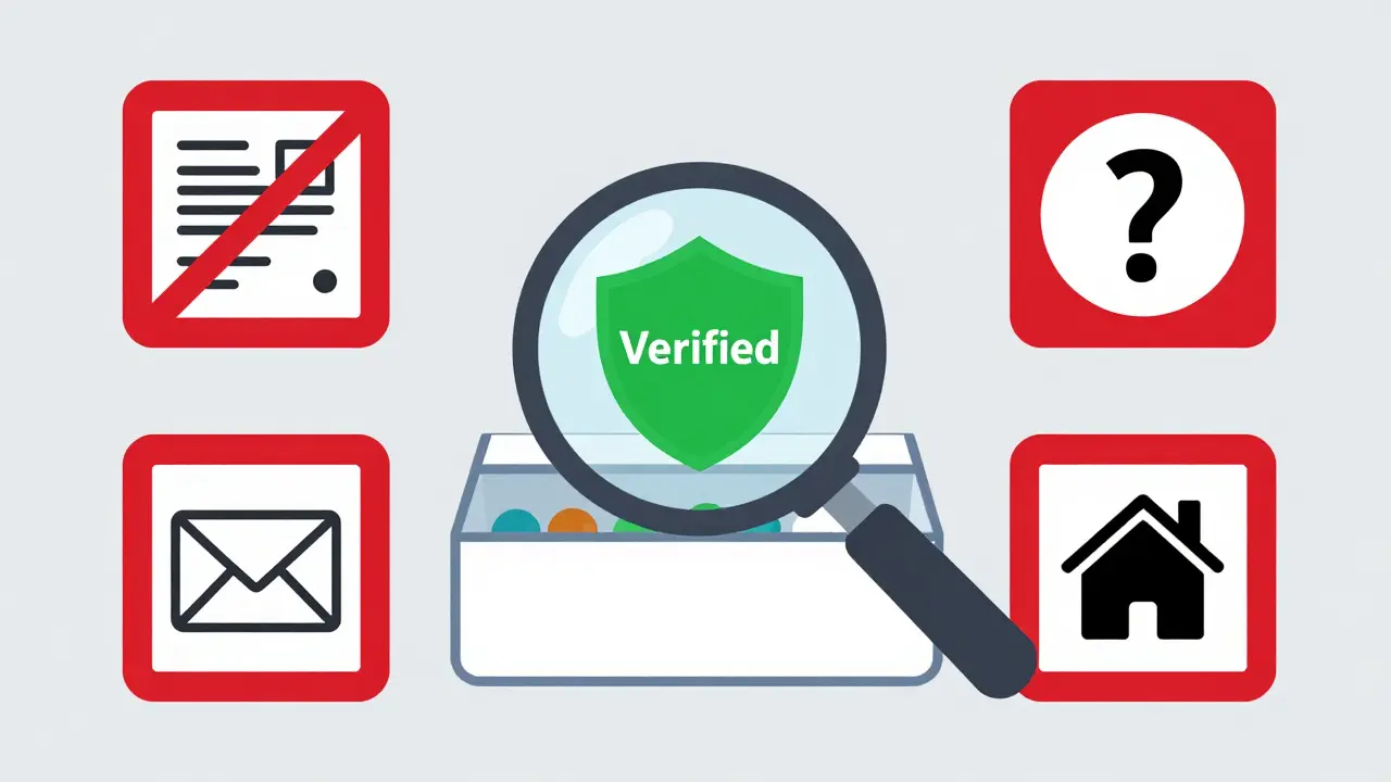 Graphic illustrating safety checks for buying meds online