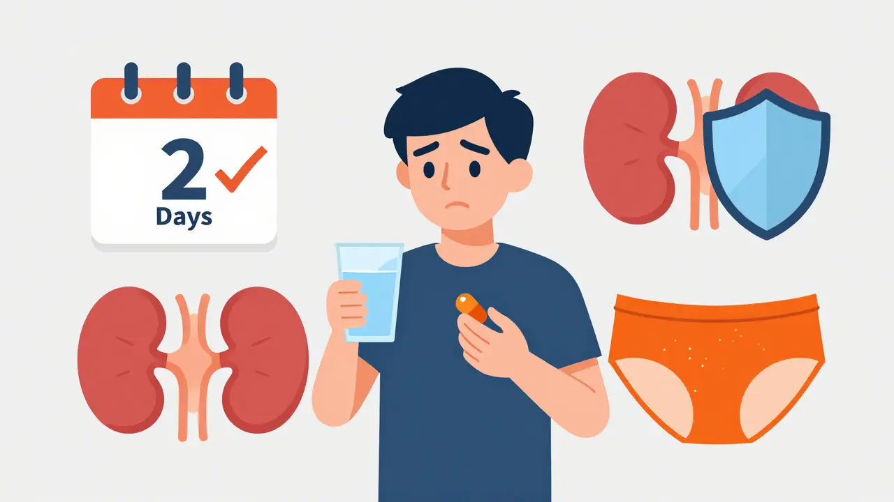 Graphic showing 2-day limit and orange urine side effect