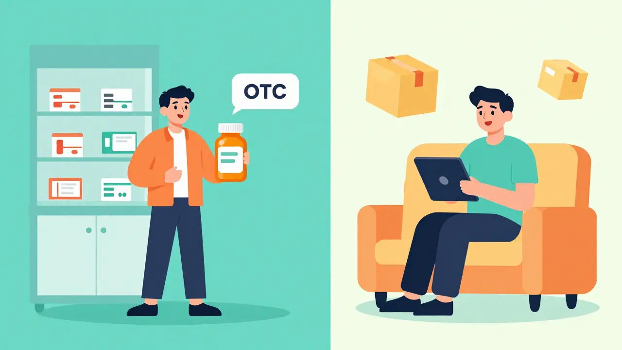 Illustration comparing OTC pharmacy vs online purchase