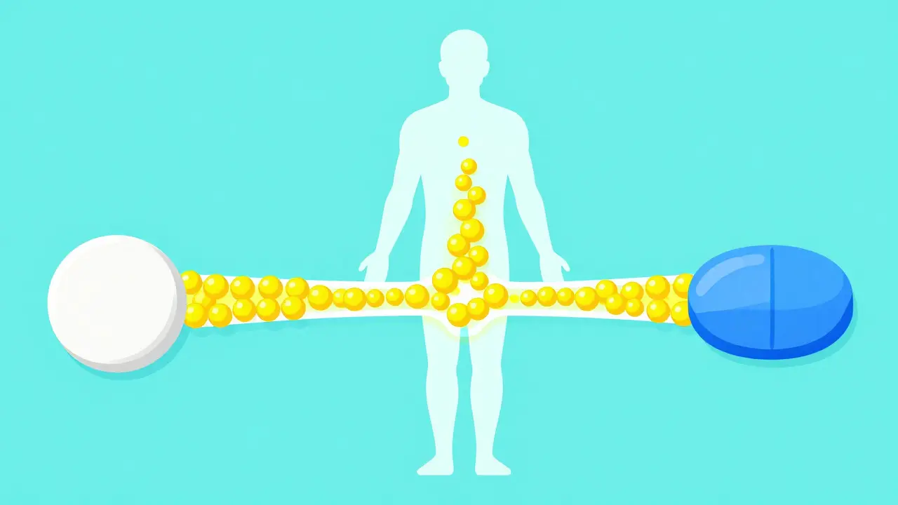 Illustration showing identical active ingredients in different colored generic and brand pills