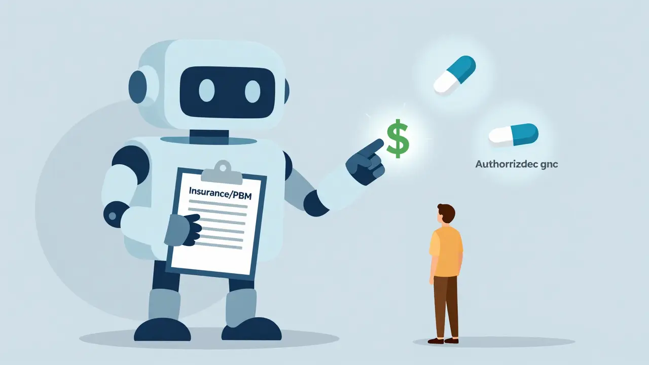 Insurance robot directing patient to choose the cheapest generic medication option.