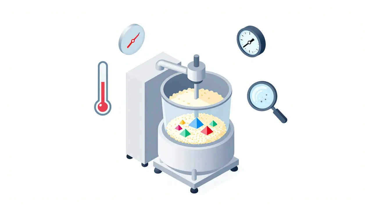 Isometric flat illustration of pharmaceutical mixing and quality control
