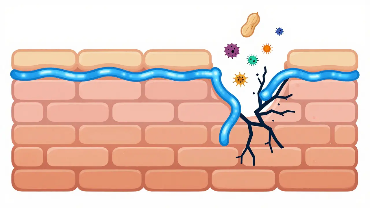 Metaphor of skin barrier as brick wall with filaggrin mortar blocking allergens