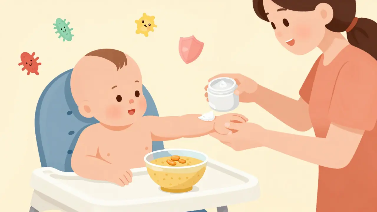 Parent applying moisturizer to baby while introducing peanut food