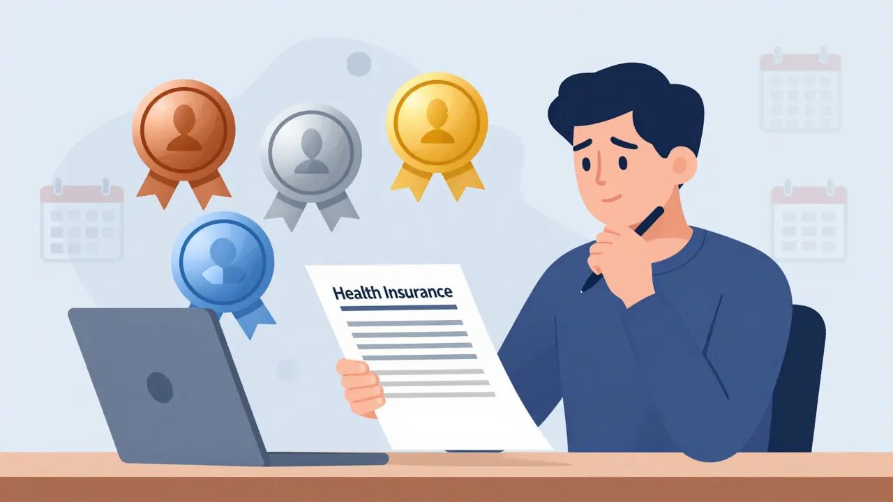 Person reviewing insurance plans with medal icons