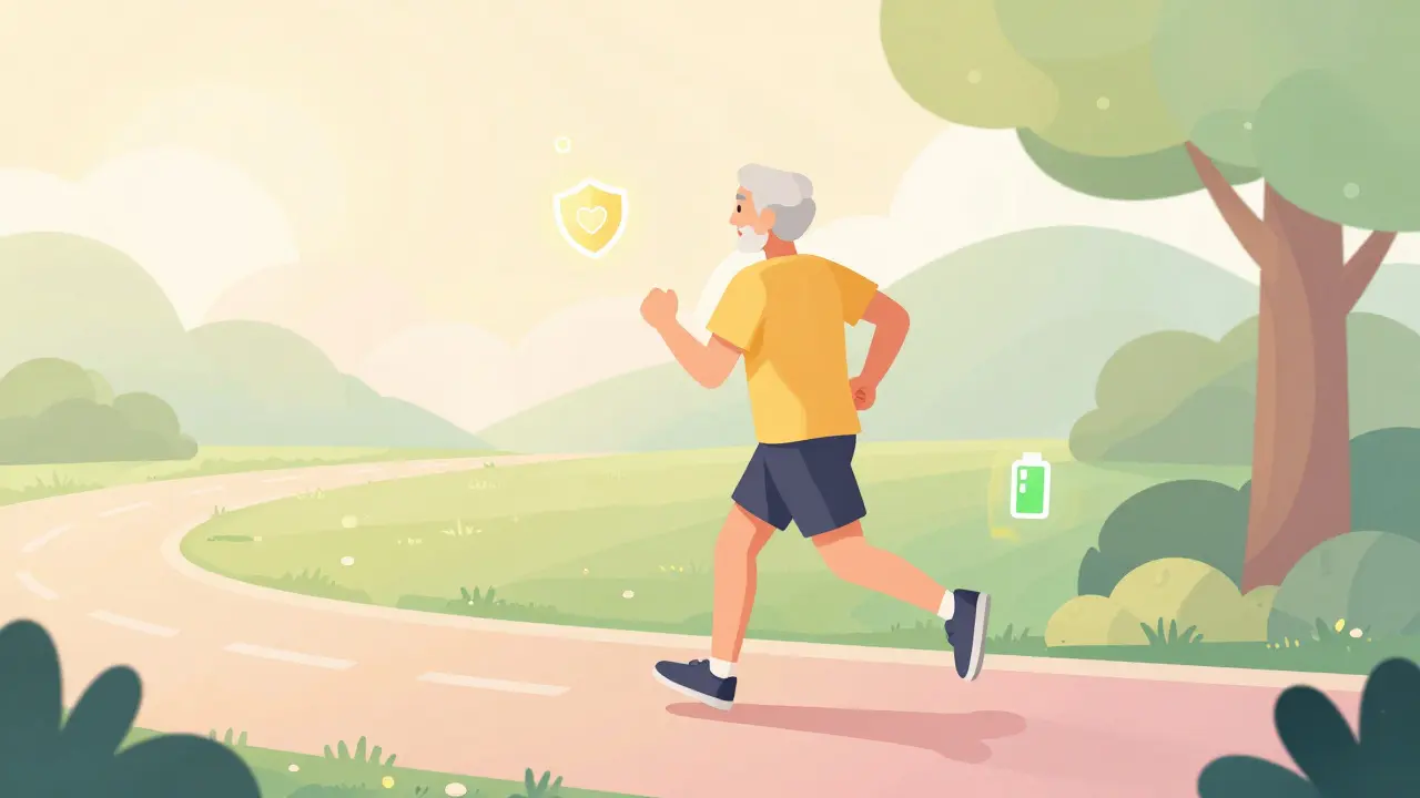 Senior jogger in park with floating icons symbolizing energy and heart health