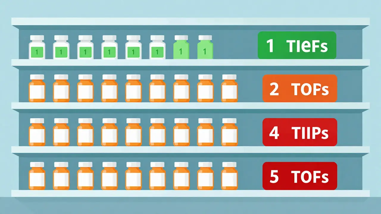 Shelves showing drug cost tiers with increasing prices