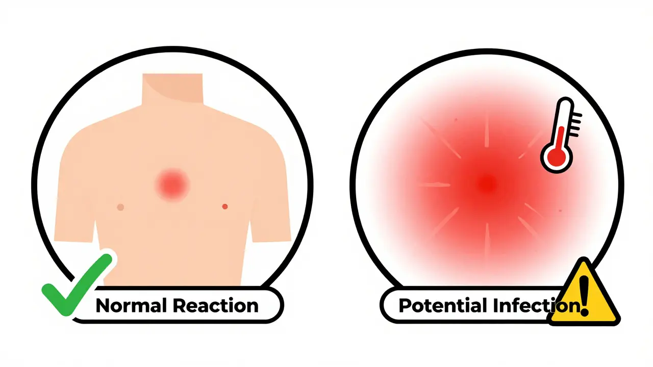 Visual comparison of normal reaction vs infection signs on skin