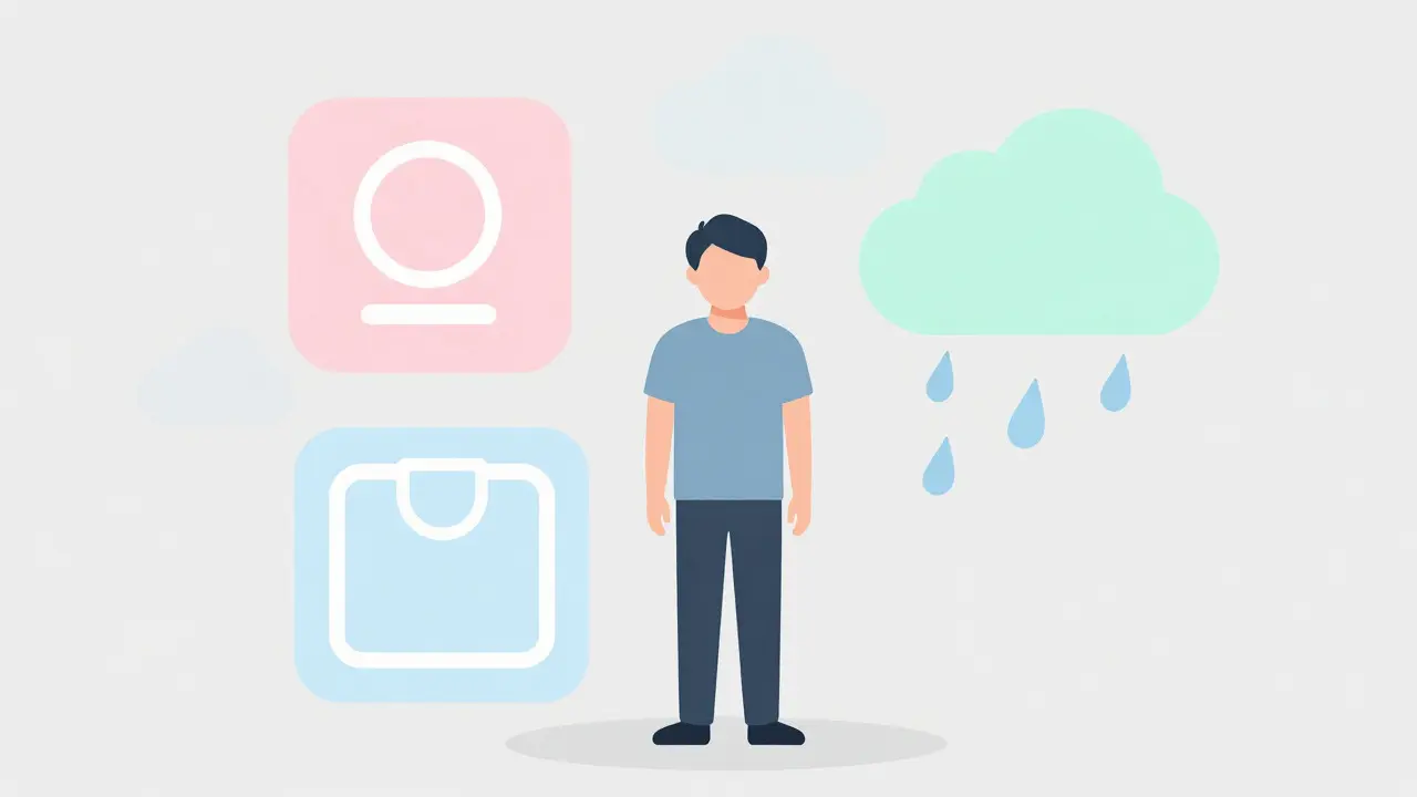 Abstract icons of fatigue and weight changes surrounding a confused patient.