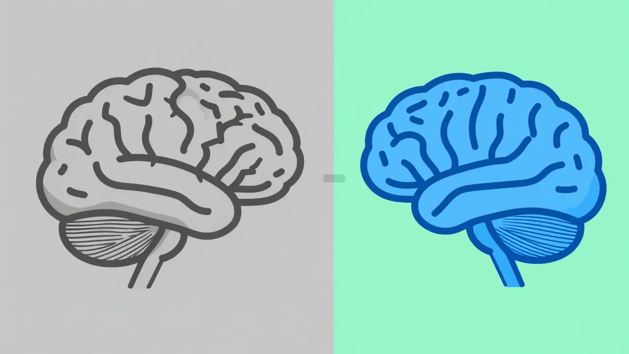 Abstract illustration contrasting a confused grey brain with a clear blue brain