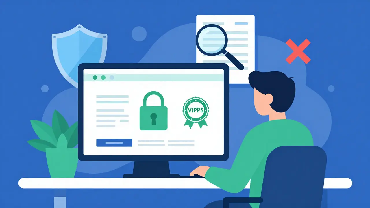 Cartoon showing safe online pharmacy verification with security seals and prescription check