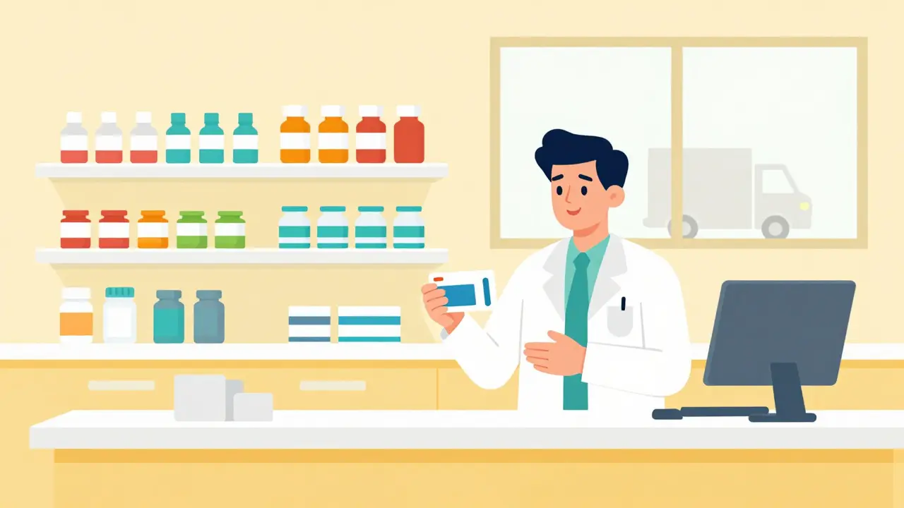 Cartoon-style image of a pharmacist holding a medicine box in a well-stocked retail pharmacy setting.