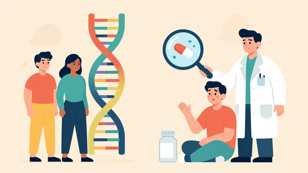 Diverse patients and DNA helix with a pharmacist discussing personalized medication.
