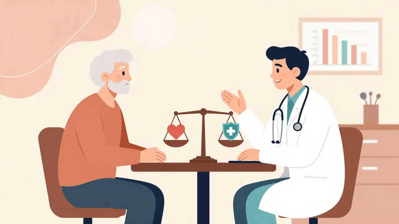 Doctor and senior patient discussing personalized pain management options at a table