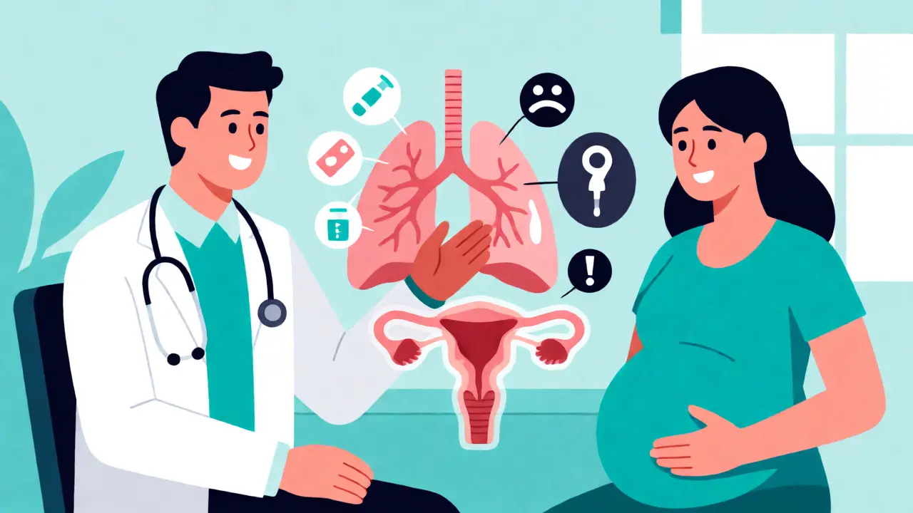 Doctor explaining how controlled asthma ensures oxygen flow to the fetus via a lung and uterus diagram.