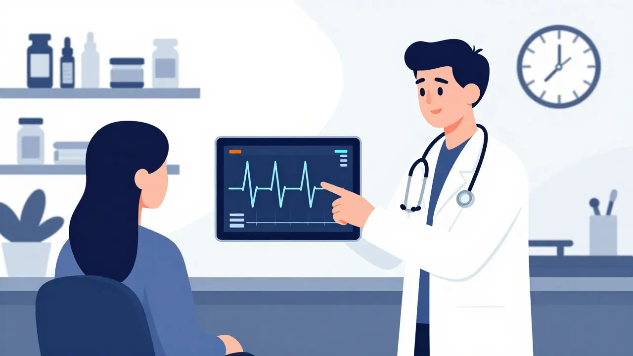 Doctor reviewing ECG data on tablet with patient