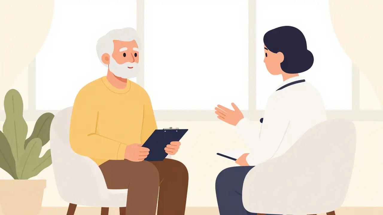 Elderly man discussing sleep strategies with a therapist in a bright room