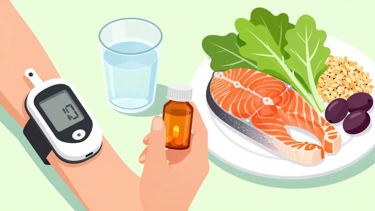Glucose monitor and Mediterranean food plate symbolizing integrated health care.
