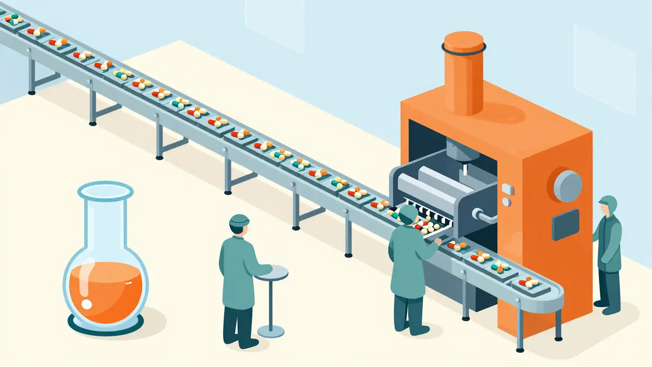 Illustration of industrial machinery producing pills on a conveyor belt, representing the scale-up of generic drug manufacturing.