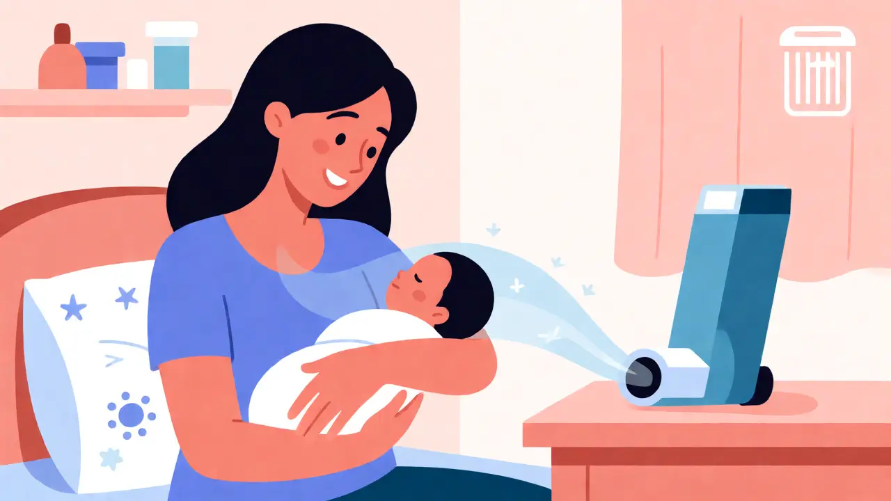 New mother holding her baby while using an inhaler, showing asthma control supports healthy parenting.