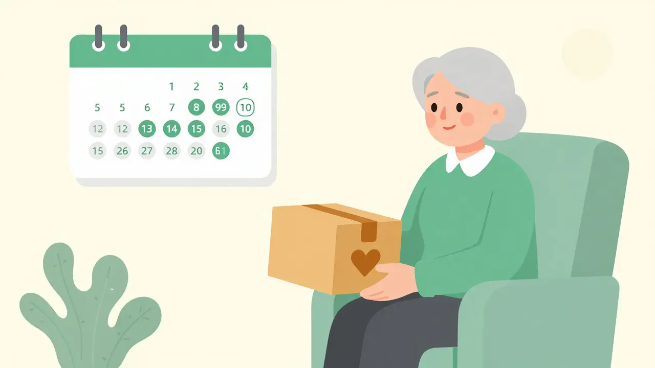 Senior woman receiving medication delivery package at home