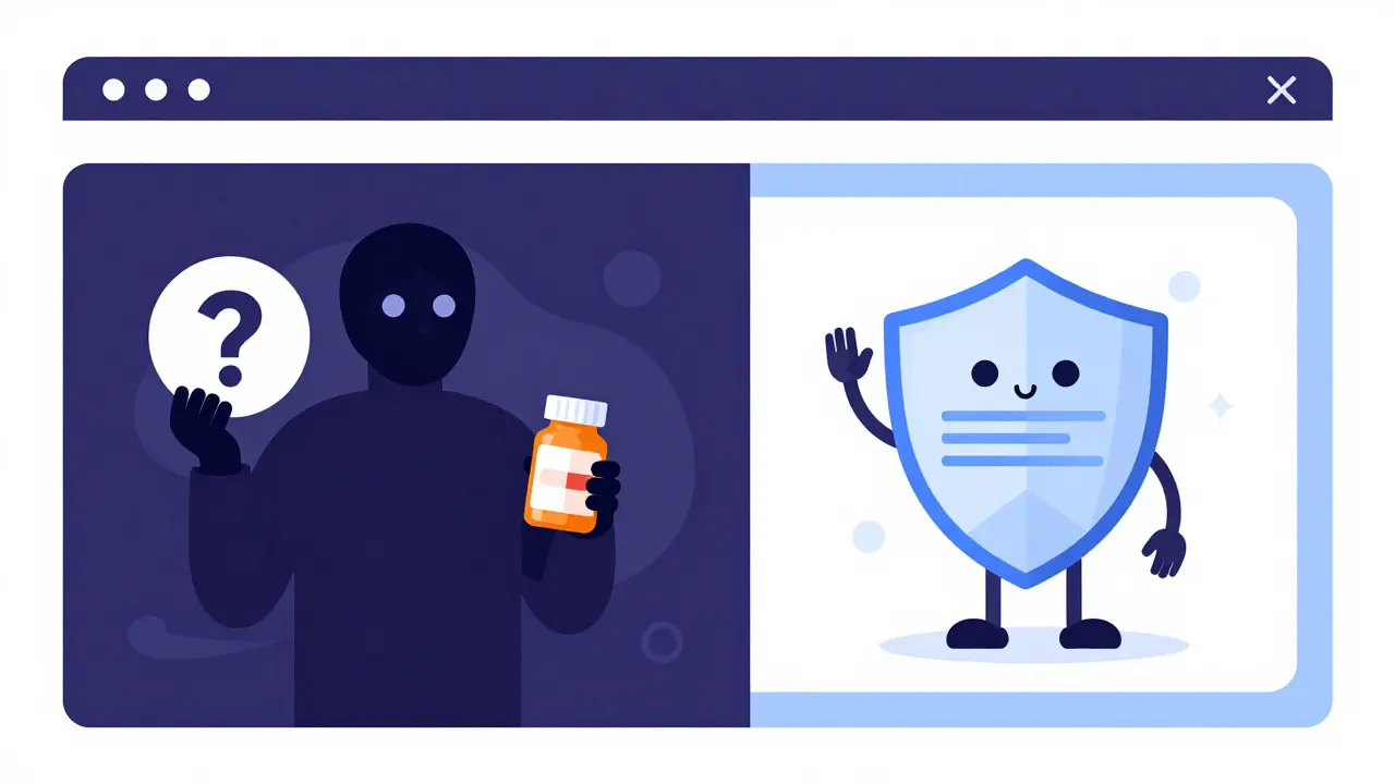 Split screen showing risky vs safe online pharmacy choices