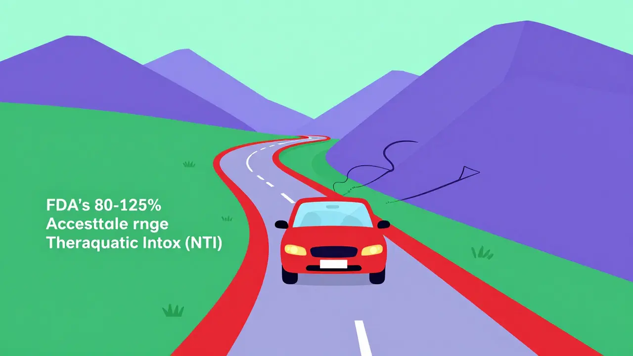 Stylized car driving on a narrow mountain road illustrating drug safety margins.
