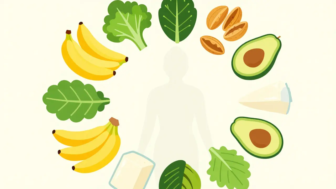 Top-down view of healthy foods like bananas and nuts arranged in a circle around a human silhouette