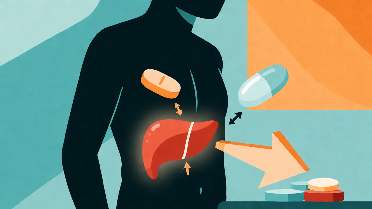 Flat illustration of a liver processing different acetaminophen pill formulations