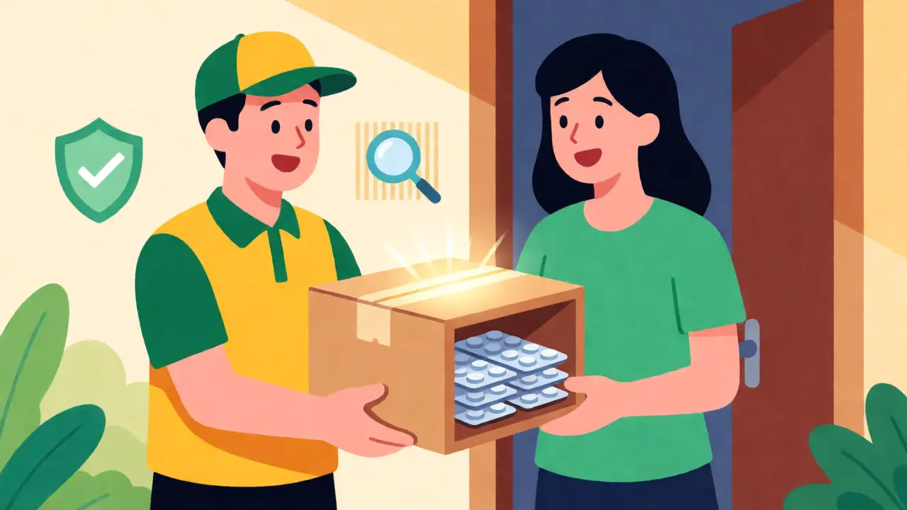 Illustration of a safe online medication delivery with sealed packaging and safety icons